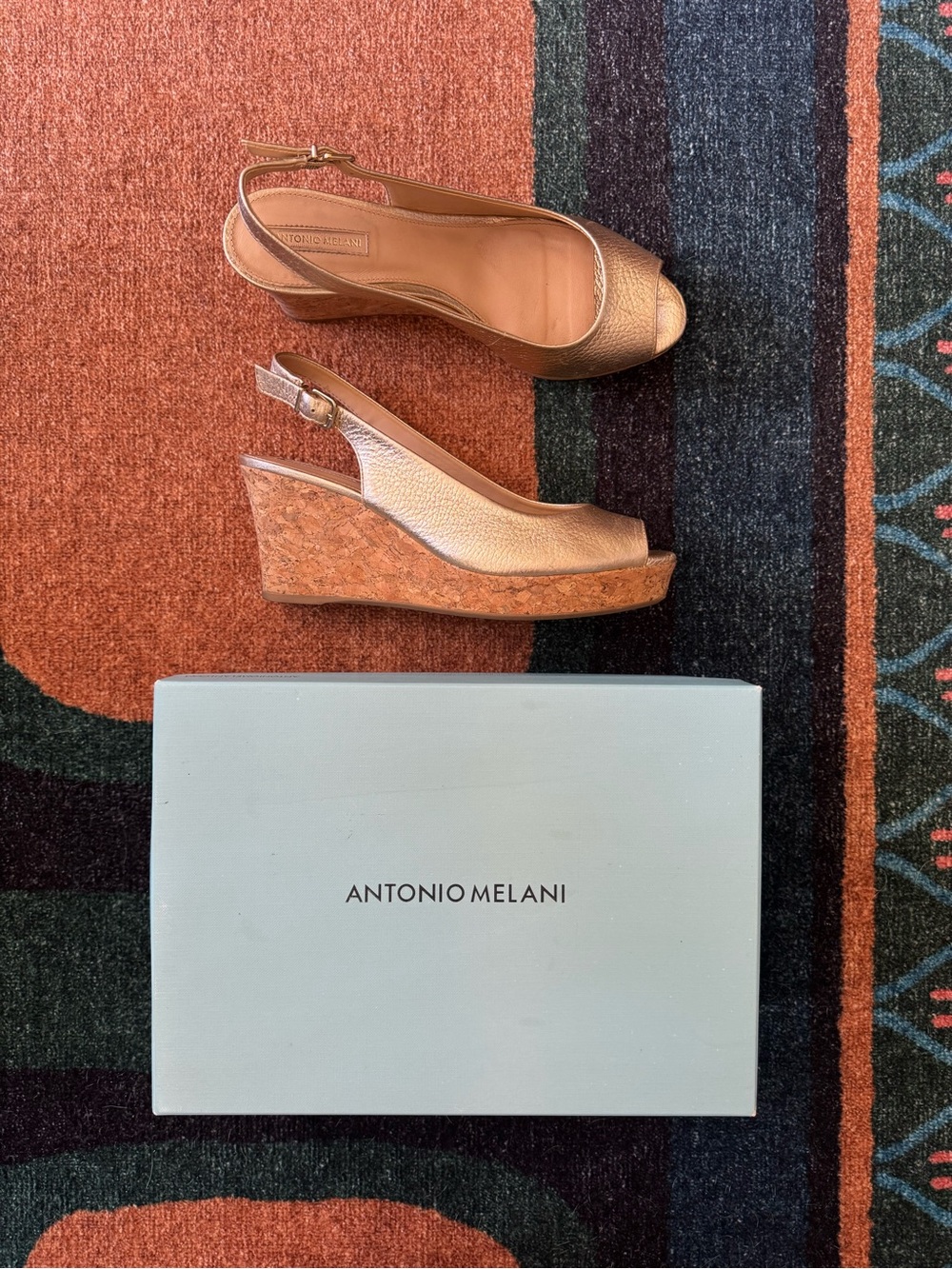 ANTONIO MELANI Metallic Gold Peep-Toe Cork Wedge Sandals